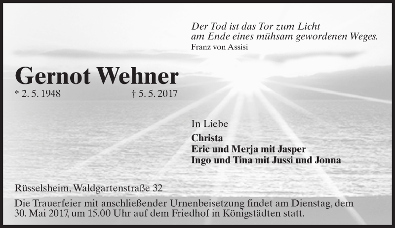  Traueranzeige für Gernot Wehner vom 20.05.2017 aus Trauerportal Rhein Main Presse