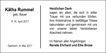 Traueranzeige von Kätha Rummel von Trauerportal Echo Online