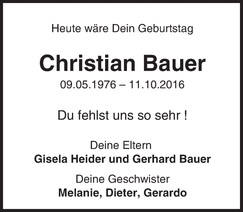  Traueranzeige für Christian Bauer vom 09.05.2017 aus Trauerportal Rhein Main Presse