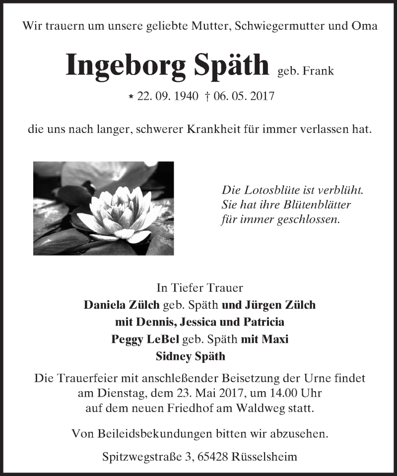  Traueranzeige für Ingeborg Späth vom 20.05.2017 aus Trauerportal Rhein Main Presse