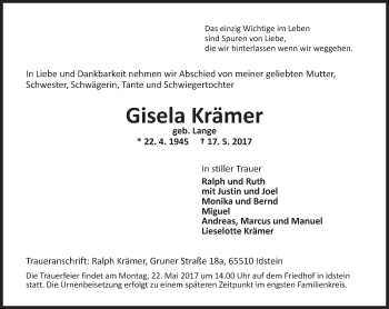 Traueranzeige von Gisela Krämer von Trauerportal Rhein Main Presse