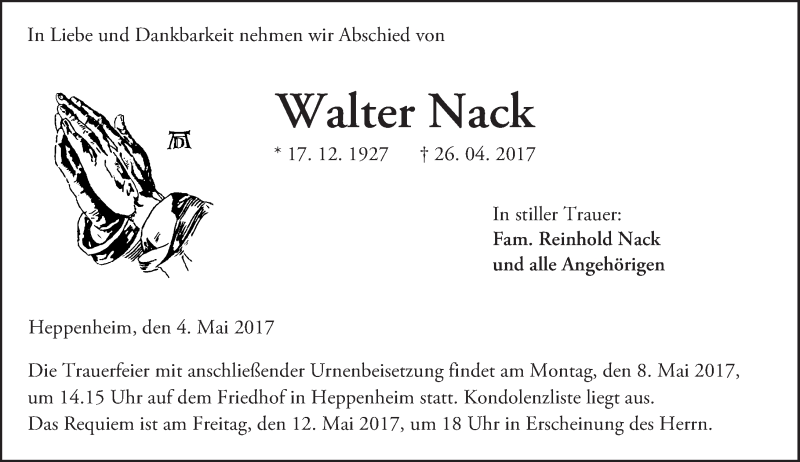  Traueranzeige für Walter Nack vom 04.05.2017 aus Trauerportal Echo Online