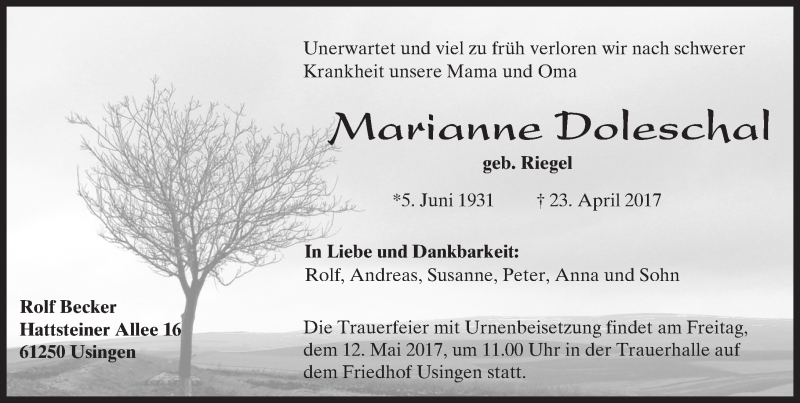  Traueranzeige für Marianne Doleschal vom 06.05.2017 aus  Usinger Anzeiger