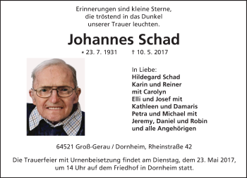 Traueranzeige von Johannes Schad von Trauerportal Echo Online
