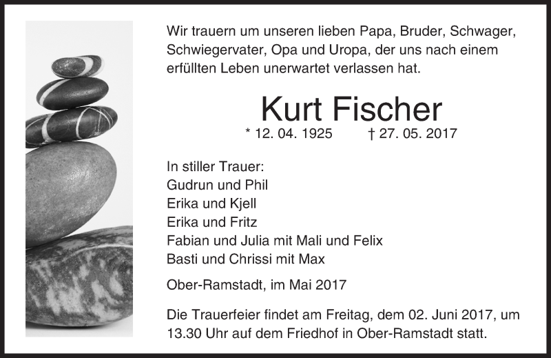  Traueranzeige für Kurt Fischer vom 31.05.2017 aus Trauerportal Echo Online
