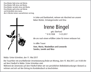 Traueranzeige von Irene Bingel von  Kreisanzeiger