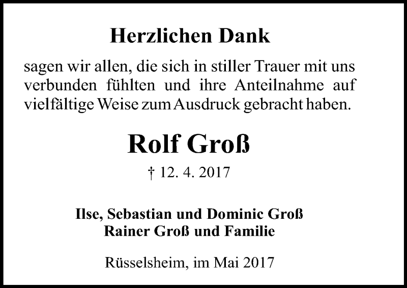  Traueranzeige für Rolf Groß vom 03.05.2017 aus Trauerportal Rhein Main Presse