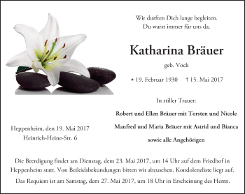 Traueranzeige von Katharina Bräuer von Trauerportal Echo Online