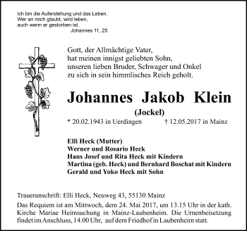 Traueranzeige von Johannes Jakob Klein von Trauerportal Rhein Main Presse