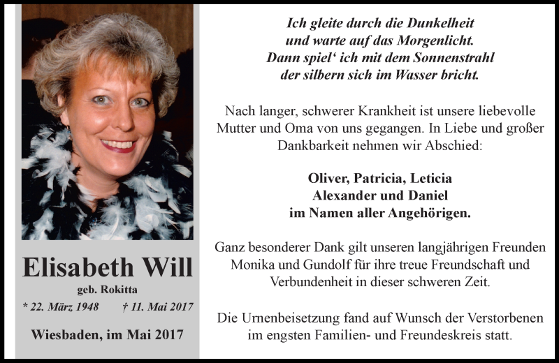 Traueranzeige für Elisabeth Will vom 27.05.2017 aus Trauerportal Rhein Main Presse