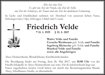 Traueranzeige von Friedrich Velde von Trauerportal Rhein Main Presse