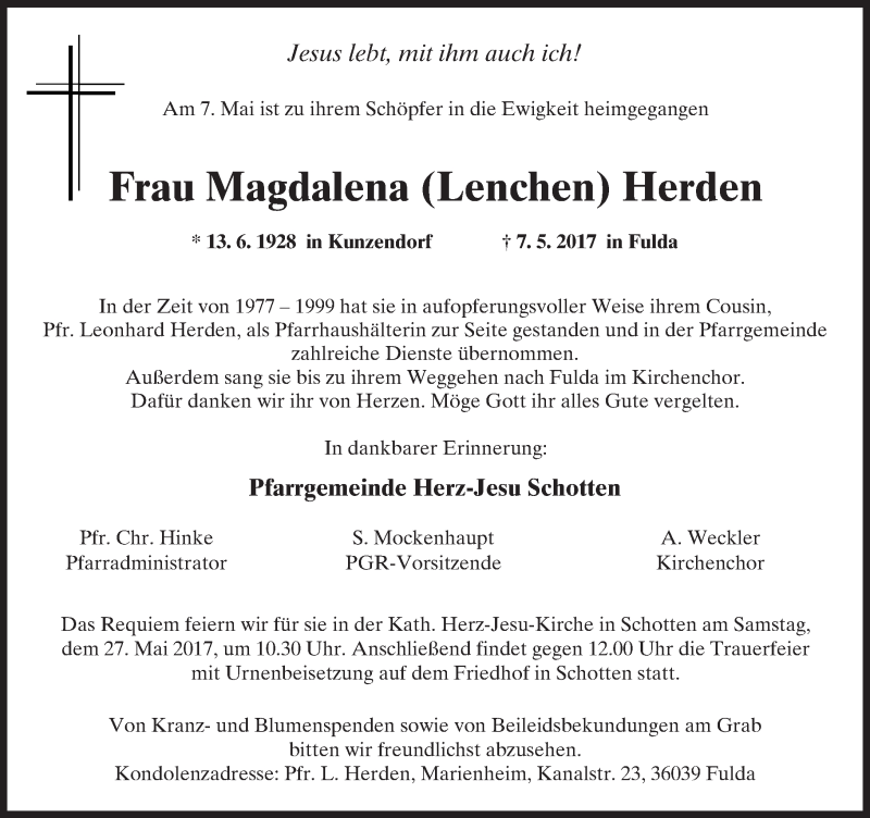  Traueranzeige für Magdalena Herden vom 20.05.2017 aus  Kreisanzeiger