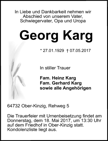 Traueranzeige von Georg Karg von Trauerportal Echo Online