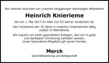 Traueranzeige von Heinrich Knierieme von Trauerportal Echo Online