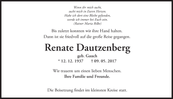 Traueranzeige von Renate Dautzenberg von Trauerportal Rhein Main Presse