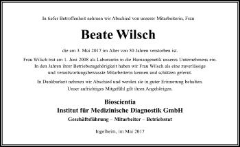 Traueranzeige von Beate Wilsch von Trauerportal Rhein Main Presse