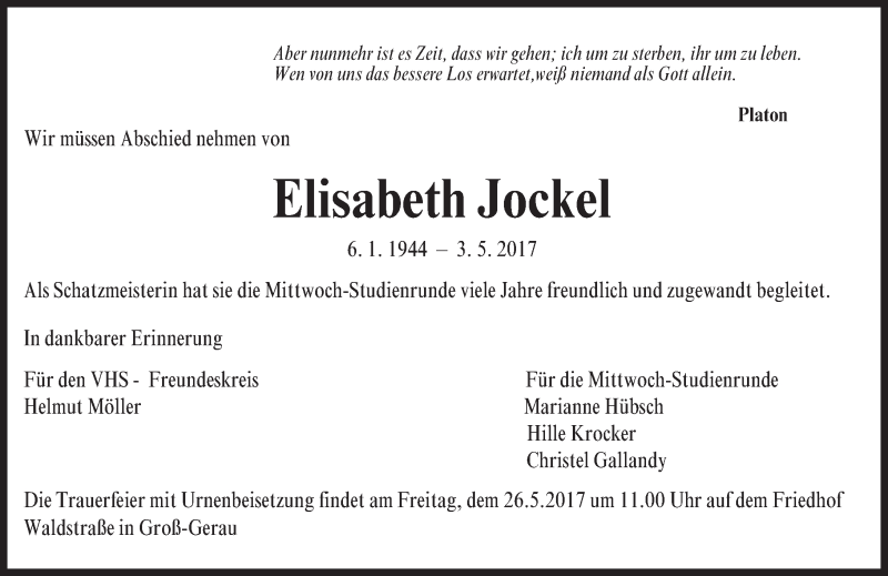  Traueranzeige für Elisabeth Jockel vom 24.05.2017 aus Trauerportal Echo Online