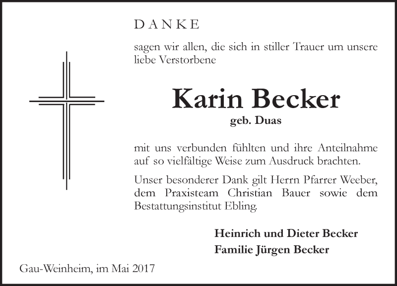  Traueranzeige für Karin Becker vom 31.05.2017 aus Trauerportal Rhein Main Presse