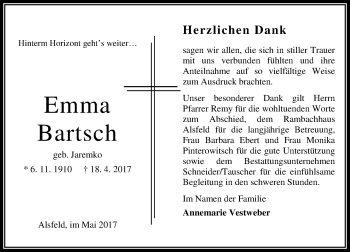 Traueranzeige von Emma Bartsch von VRM Trauer