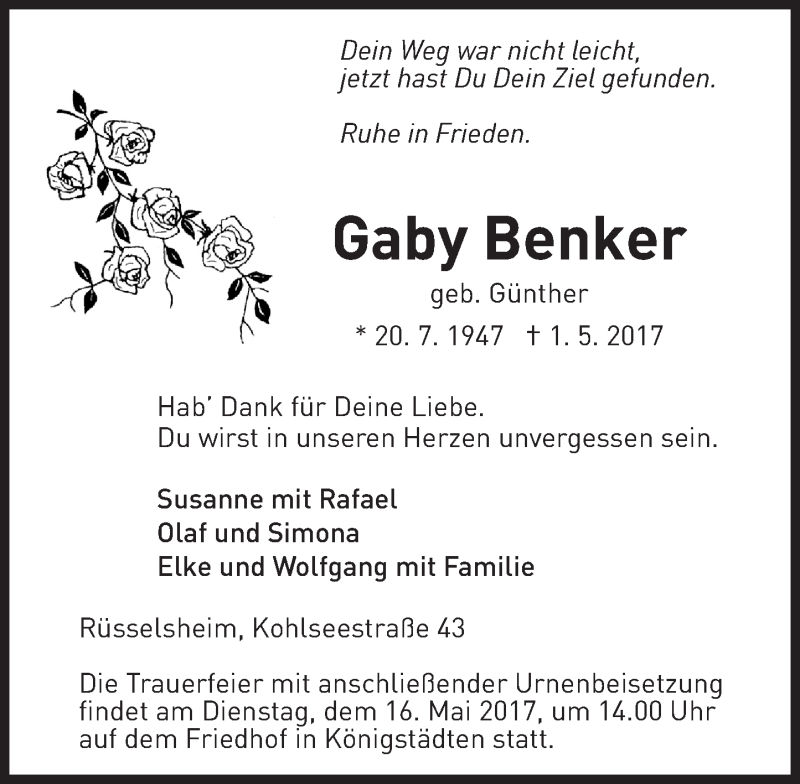  Traueranzeige für Gaby Benker vom 06.05.2017 aus Trauerportal Rhein Main Presse