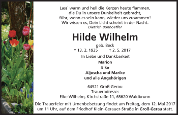 Traueranzeige von Hilde Wilhelm von Trauerportal Echo Online