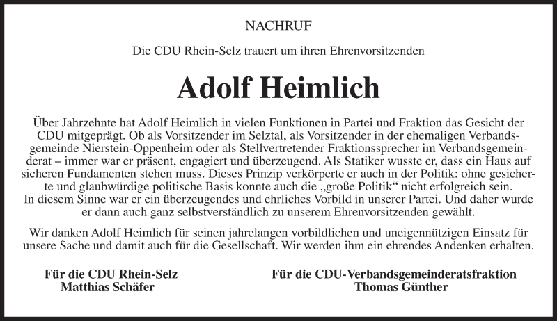  Traueranzeige für Adolf Heimlich vom 06.05.2017 aus Trauerportal Rhein Main Presse
