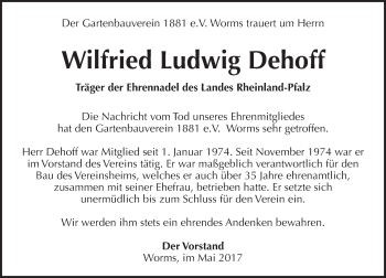 Traueranzeige von Wilfried Ludwig Dehoff von Trauerportal Rhein Main Presse