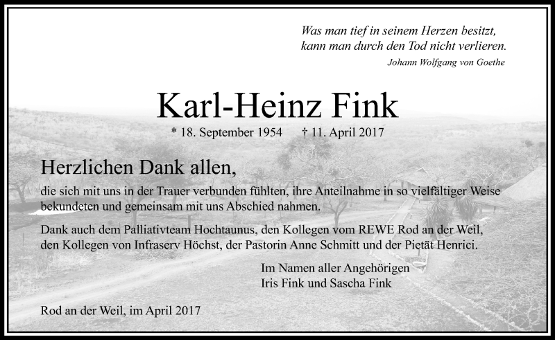  Traueranzeige für Karl-Heinz Fink vom 04.05.2017 aus  Usinger Anzeiger