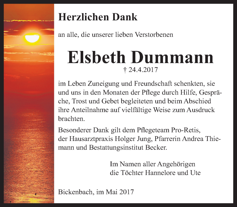  Traueranzeige für Elsbeth Dummann vom 13.05.2017 aus Trauerportal Echo Online