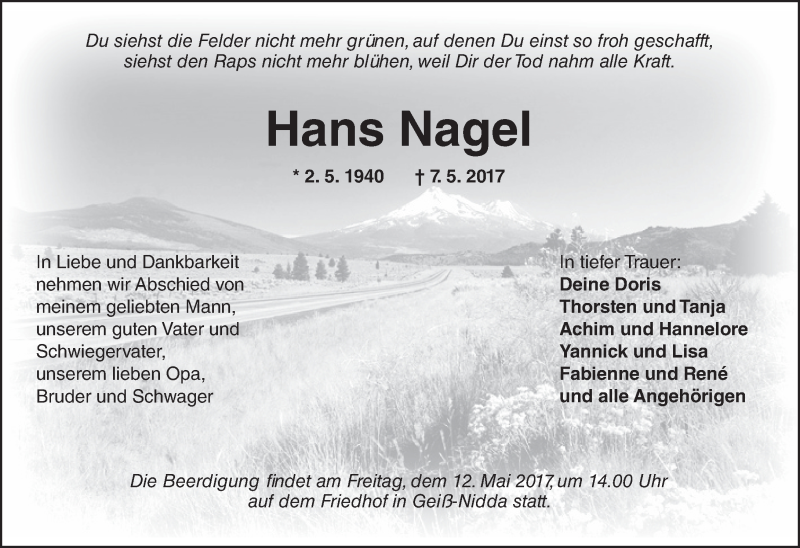  Traueranzeige für Hans Nagel vom 10.05.2017 aus  Kreisanzeiger