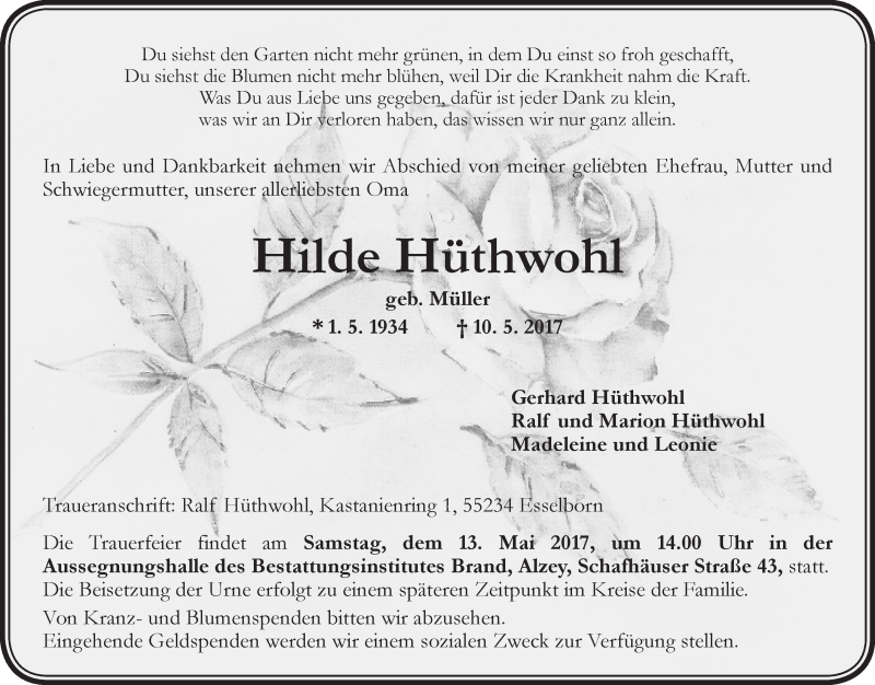  Traueranzeige für Hilde Hüthwohl vom 12.05.2017 aus Trauerportal Rhein Main Presse