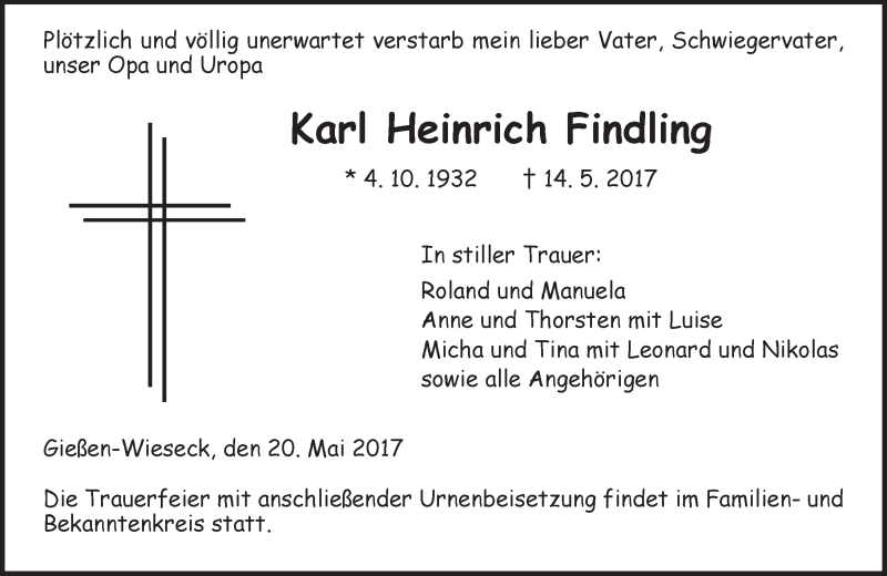  Traueranzeige für Karl Heinrich Findling vom 20.05.2017 aus  Gießener Anzeiger