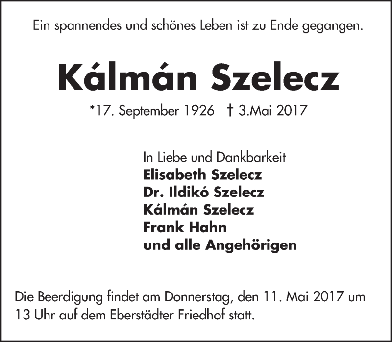  Traueranzeige für Kálmán Szelecz vom 06.05.2017 aus Trauerportal Echo Online