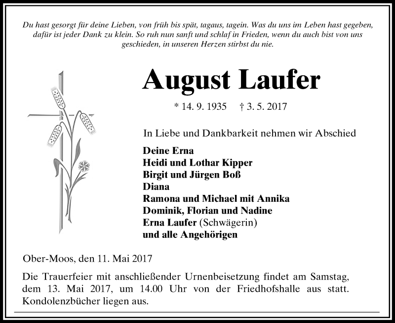  Traueranzeige für August Laufer vom 11.05.2017 aus VRM Trauer
