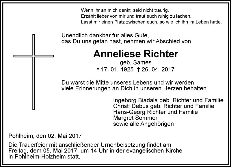  Traueranzeige für Anneliese Richter vom 02.05.2017 aus  Gießener Anzeiger