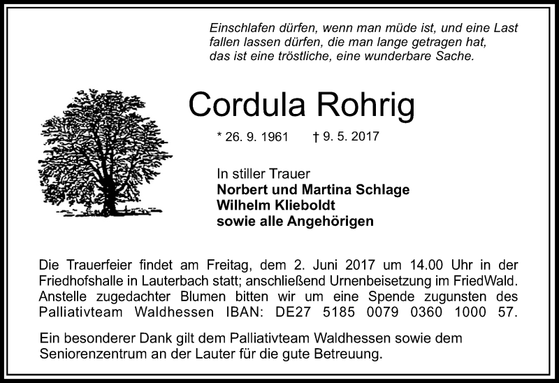  Traueranzeige für Cordula Rohrig vom 22.05.2017 aus VRM Trauer