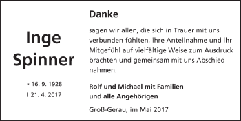 Traueranzeige von Inge Spinner von Trauerportal Echo Online