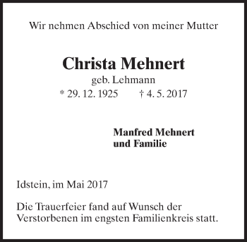 Traueranzeige von Christa Mehnert von Trauerportal Rhein Main Presse