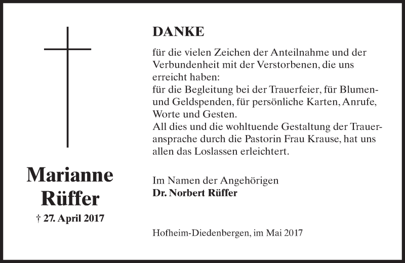  Traueranzeige für Marianne Rüffer vom 19.05.2017 aus Trauerportal Rhein Main Presse