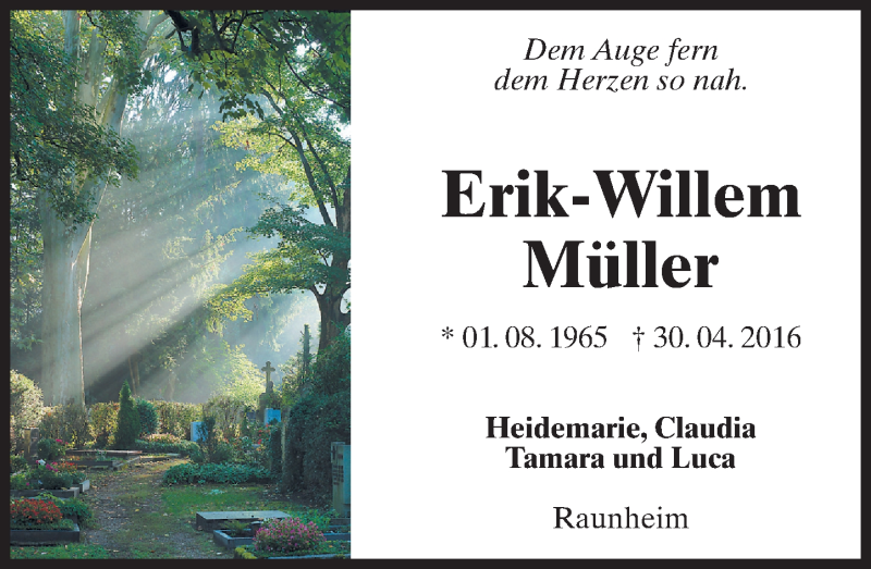  Traueranzeige für Erik Willem Müller vom 02.05.2017 aus Trauerportal Rhein Main Presse