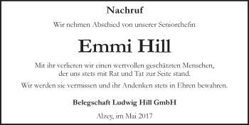 Traueranzeige von Emmi Hill von Trauerportal Rhein Main Presse