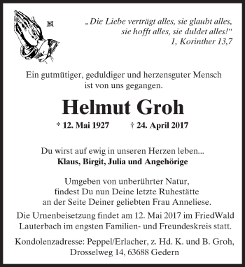 Traueranzeige von Helmut Groh von  Kreisanzeiger