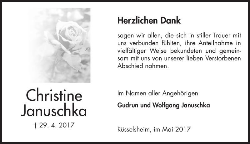  Traueranzeige für Christine Januschka vom 20.05.2017 aus Trauerportal Rhein Main Presse