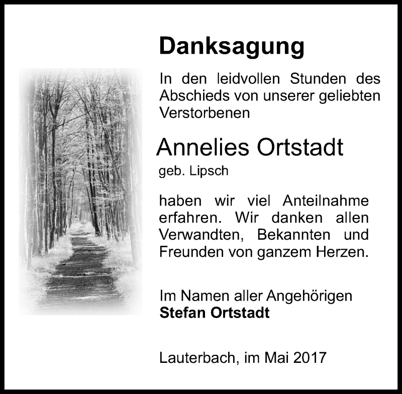  Traueranzeige für Annelies Ortstadt vom 06.05.2017 aus VRM Trauer