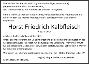 Traueranzeige von Horst Friedrich Kalbfleisch von Trauerportal Echo Online