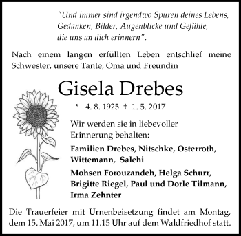 Traueranzeige von Gisela Drebes von Trauerportal Echo Online