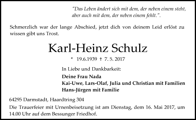  Traueranzeige für Karl-Heinz Schulz vom 13.05.2017 aus Trauerportal Echo Online