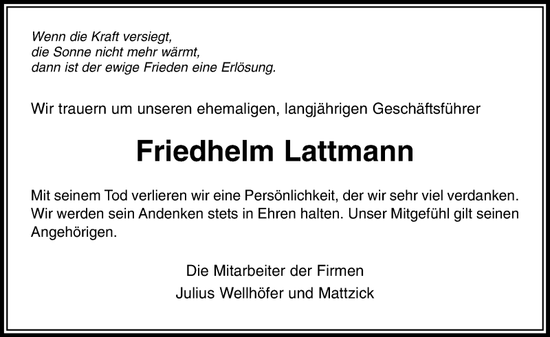  Traueranzeige für Friedhelm Lattmann vom 13.05.2017 aus  Gießener Anzeiger