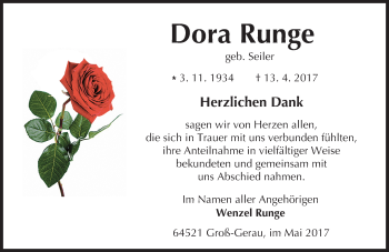 Traueranzeige von Dora Runge von Trauerportal Echo Online