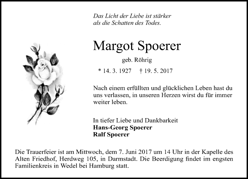  Traueranzeige für Margot Spoerer vom 27.05.2017 aus Trauerportal Echo Online